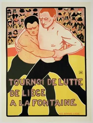 Jäljennös julisteesta, joka mainostaa painiturnausta, The Fountain, Liege, Belgia, 1899